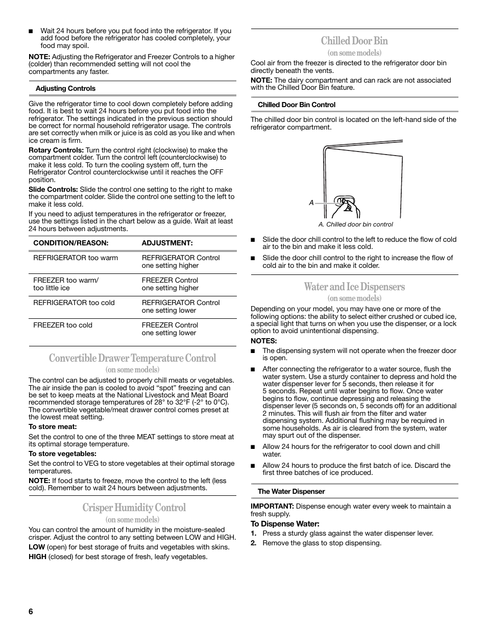 Convertible drawer temperature control, Crisper humidity control, Chilled door bin | Water and ice dispensers | Whirlpool 2309541B User Manual | Page 6 / 40