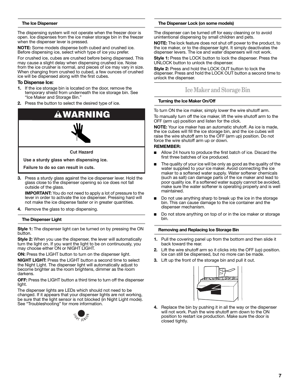 Warning, Ice maker and storage bin | Whirlpool 2309541B User Manual | Page 7 / 40