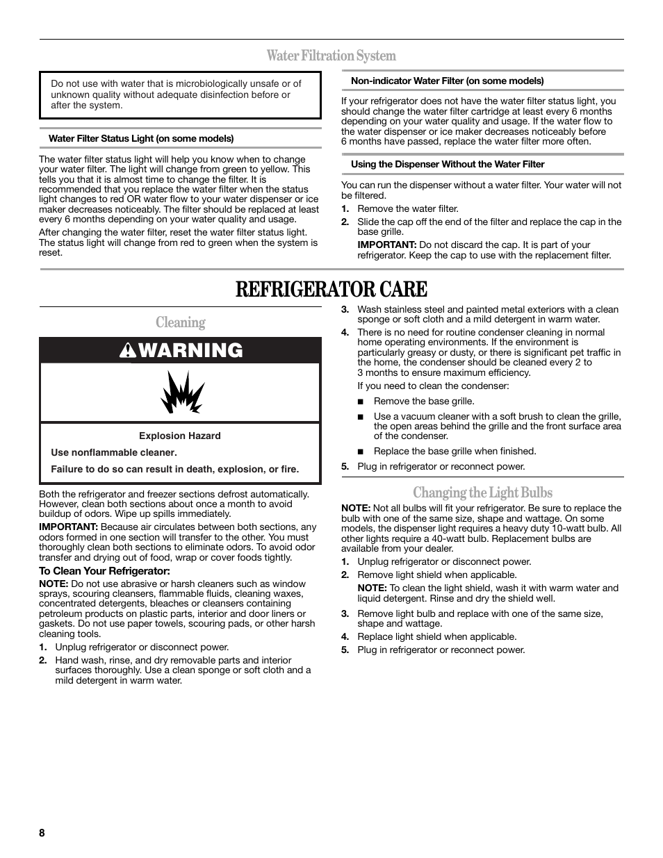 Refrigerator care, Warning, Water filtration system | Cleaning, Changing the light bulbs | Whirlpool 2309541B User Manual | Page 8 / 40