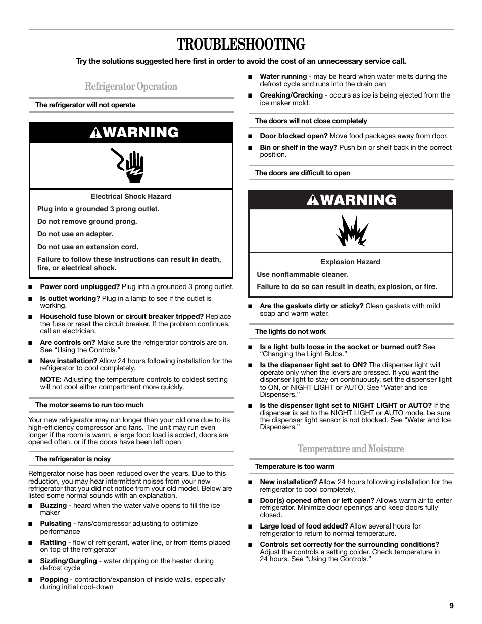 Troubleshooting, Warning, Refrigerator operation | Temperature and moisture | Whirlpool 2309541B User Manual | Page 9 / 40