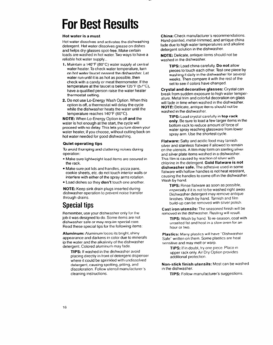 For best results, Special tips | Whirlpool 8700 User Manual | Page 16 / 24