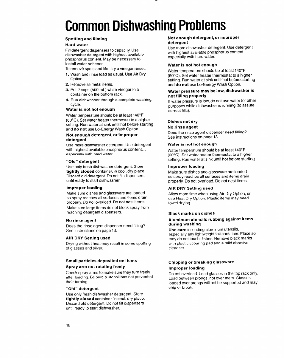 Common dishwashing problems | Whirlpool 8700 User Manual | Page 18 / 24