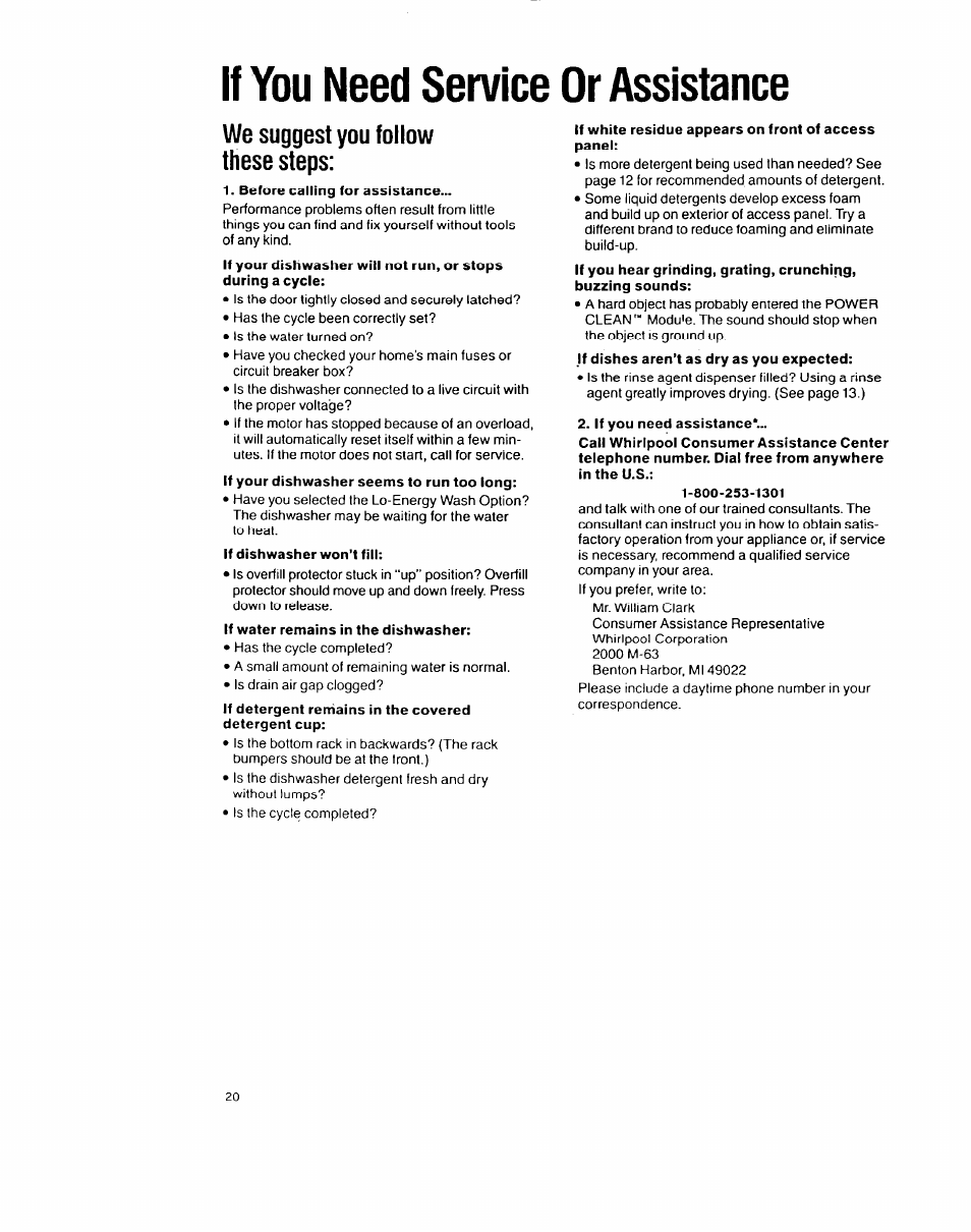 If you need service or assistance, We suggest you follow these steps | Whirlpool 8700 User Manual | Page 20 / 24