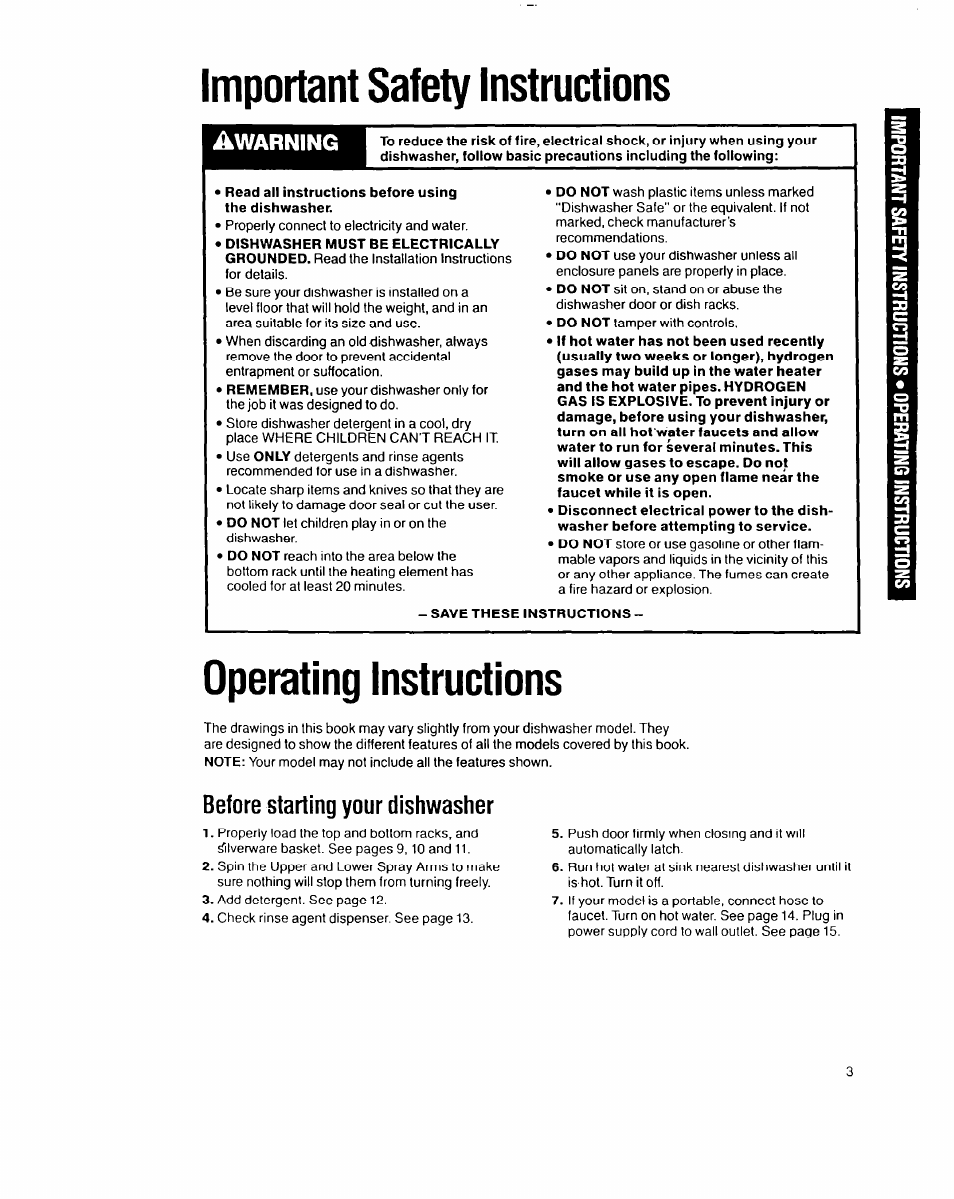 Important safety instructions, Operating instructions, Before starting your dishwasher | Warning | Whirlpool 8700 User Manual | Page 3 / 24