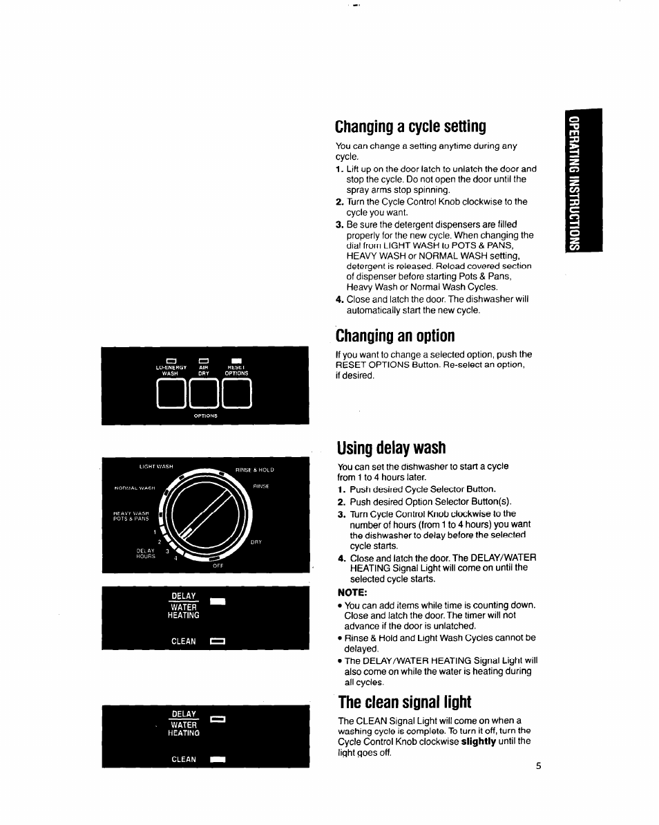 Changing a cycle setting, Changing an option, Using delay wash | The clean signal light | Whirlpool 8700 User Manual | Page 5 / 24