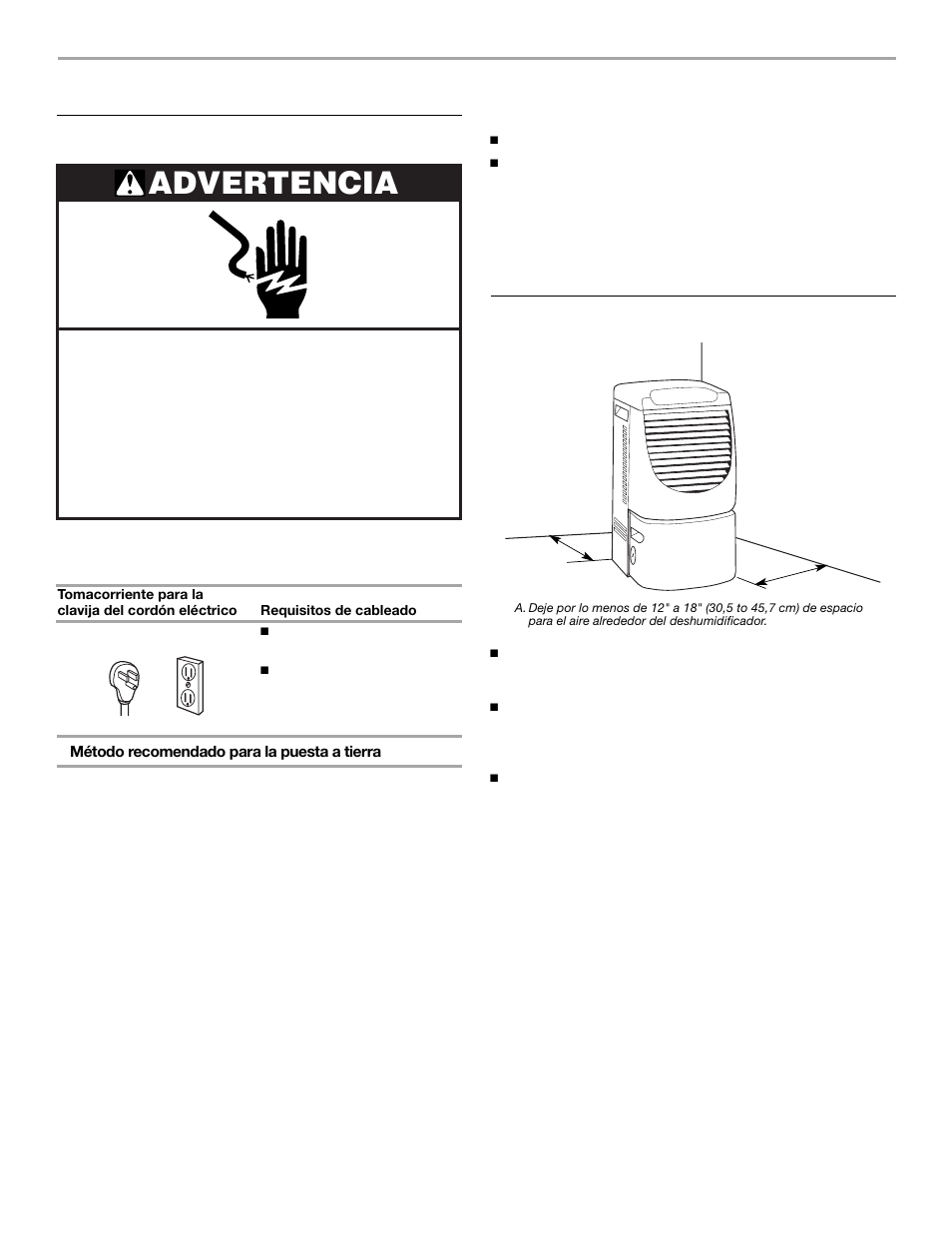 Requisitos de instalación, Advertencia, Requisitos eléctricos | Requisitos de ubicación | Whirlpool 1187984 User Manual | Page 10 / 16