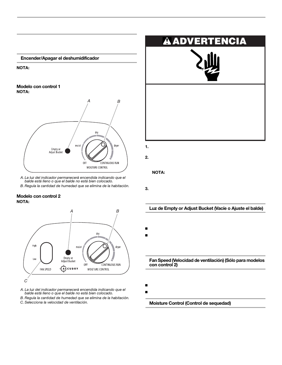 Cómo usar el deshumidificador, Advertencia | Whirlpool 1187984 User Manual | Page 11 / 16