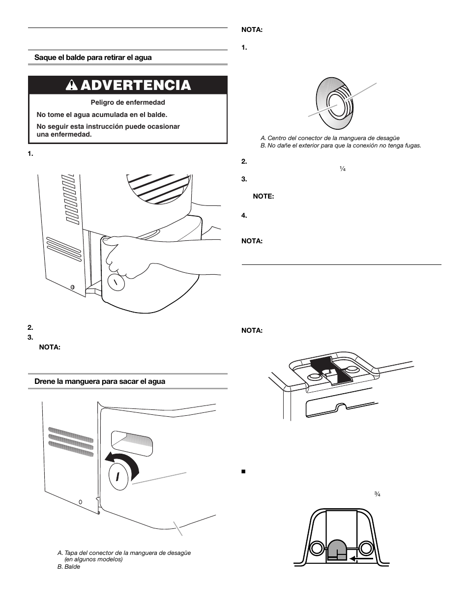 Advertencia, Saque y vacíe el balde, Flotador de nivel del agua y apagado automático | Whirlpool 1187984 User Manual | Page 13 / 16