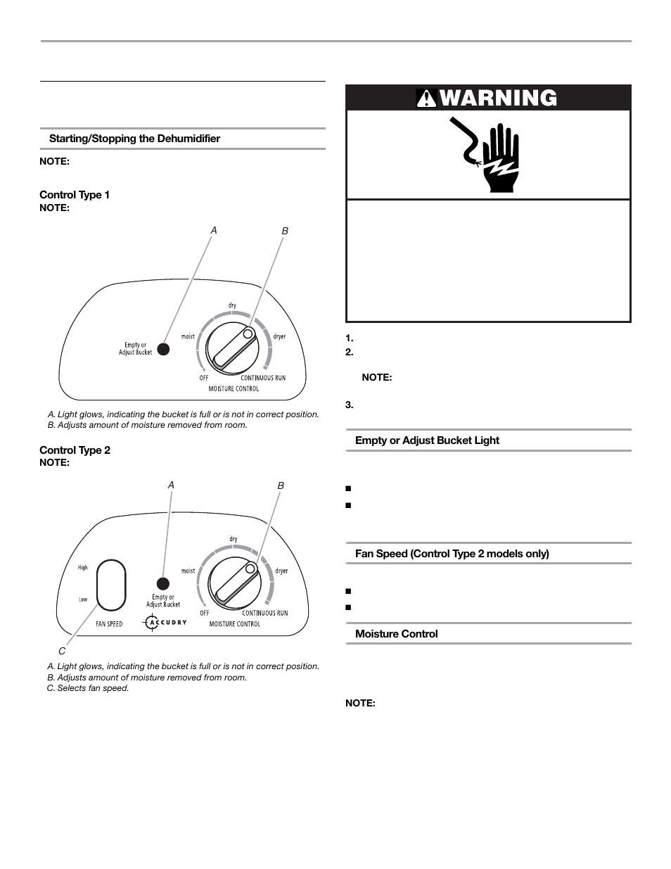 Dehumidifier use, Warning, Setting the controls (control types 1 and 2 only) | Whirlpool 1187984 User Manual | Page 4 / 16