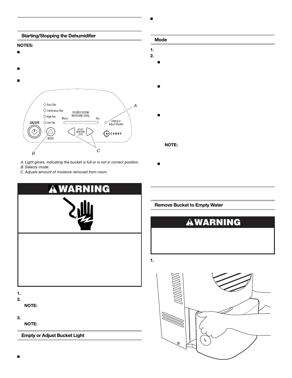 Warning, Setting the controls (control type 3 only), Remove and empty bucket | Whirlpool 1187984 User Manual | Page 5 / 16
