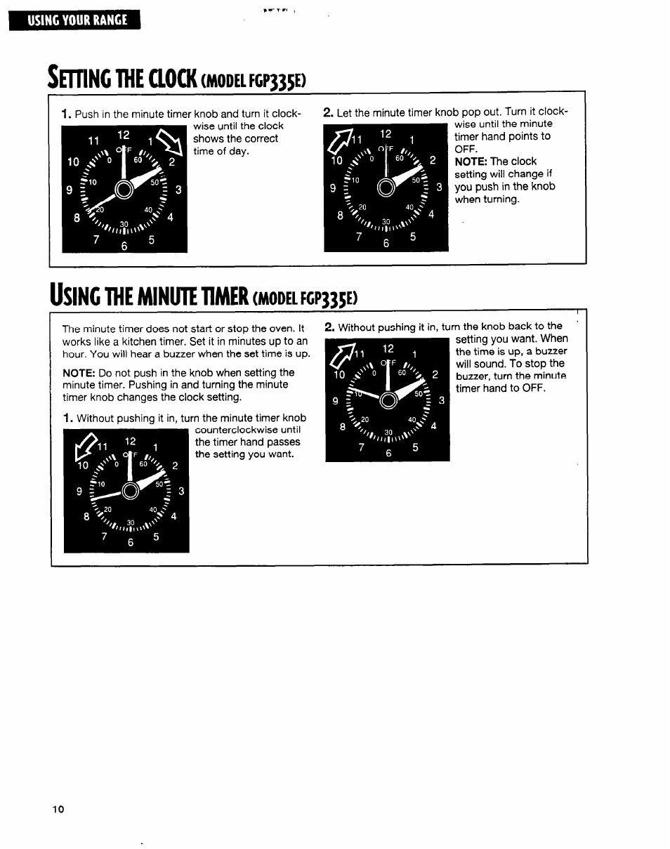 Using the minute timer (model fcp33se), Setunc, Aock | Sing, Minute, Timer, Model | Whirlpool FGP315E User Manual | Page 10 / 26