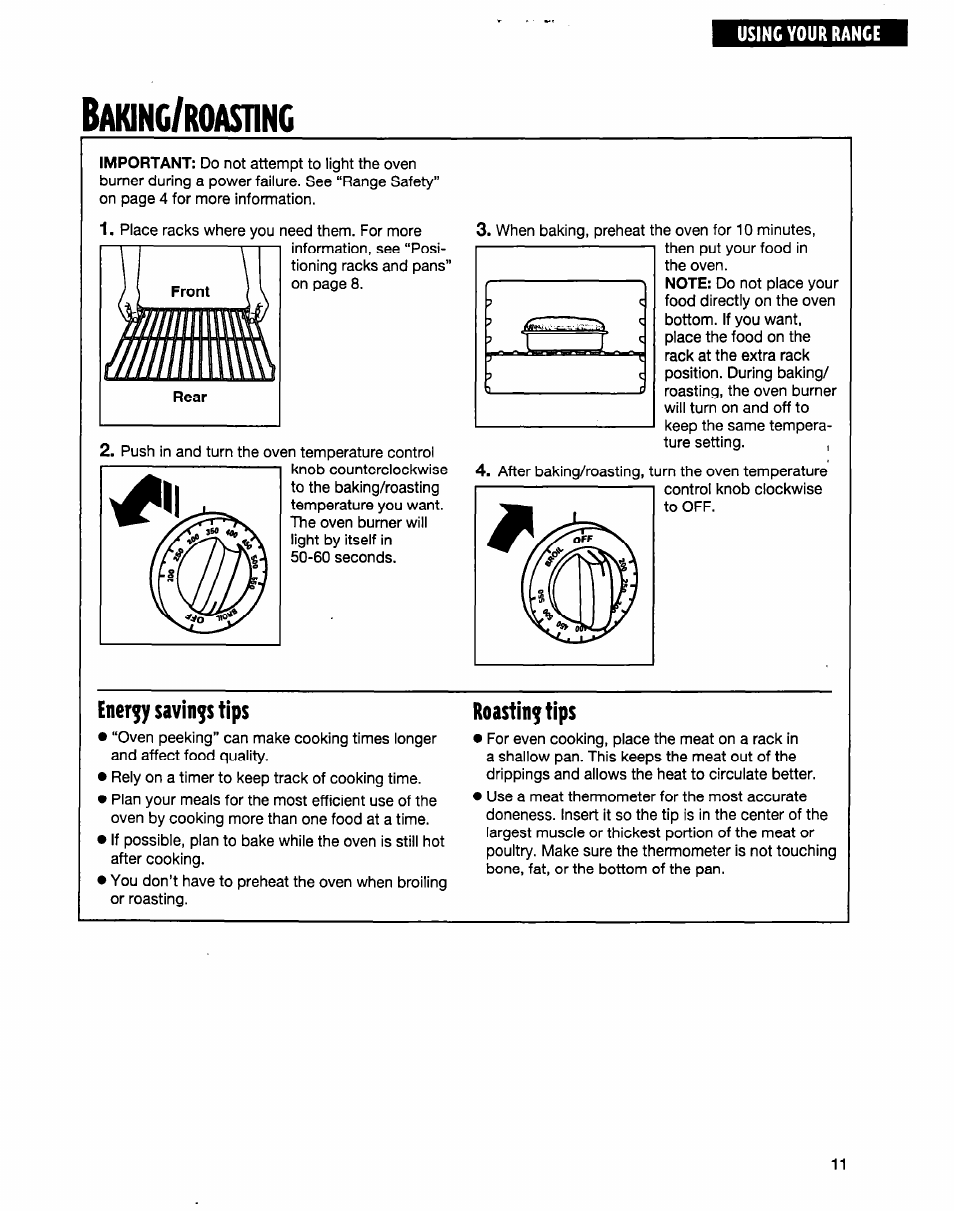 Bakinc/roastinc, Energy savings tips, Roasting tips | Akinc, Roastinc | Whirlpool FGP315E User Manual | Page 11 / 26