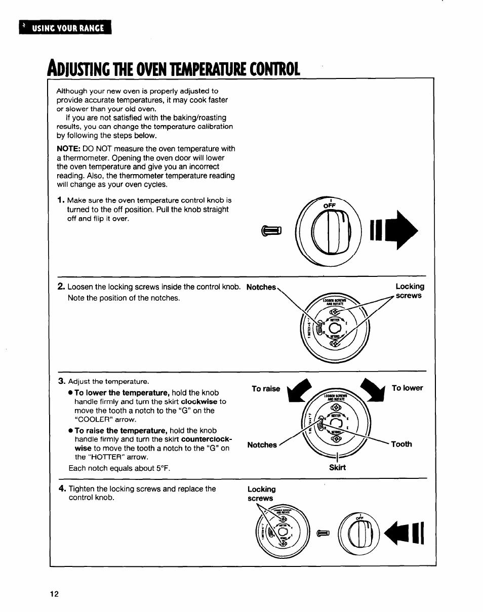 Adiustinc the oven temperature control, Locking, Screws | Diustinc, Oven, Temperature, Control | Whirlpool FGP315E User Manual | Page 12 / 26