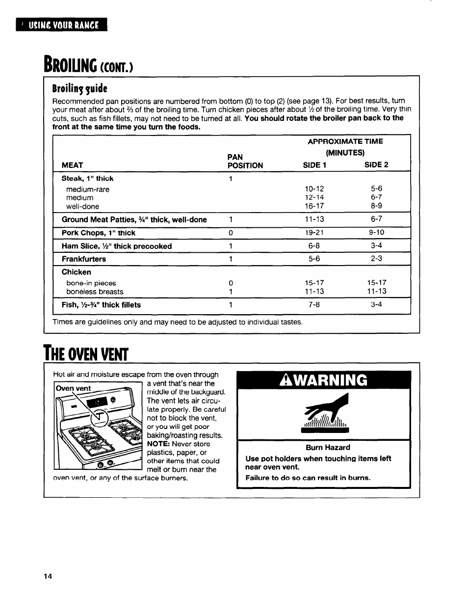The oven vent, Broiunc, Oven | Vent, Warning, Cont | Whirlpool FGP315E User Manual | Page 14 / 26