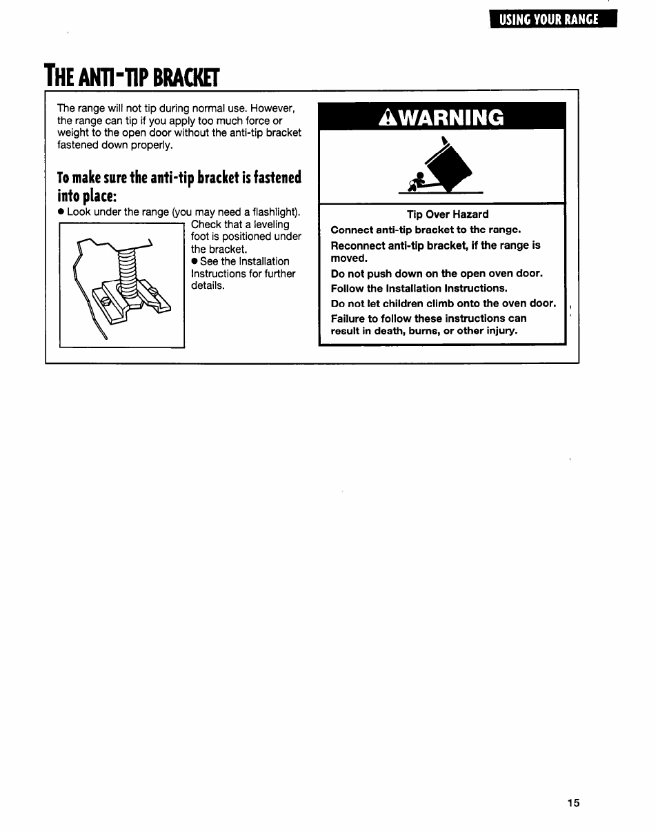 The ann-tip bracket, Ann-tip bracket, Warning | Whirlpool FGP315E User Manual | Page 15 / 26