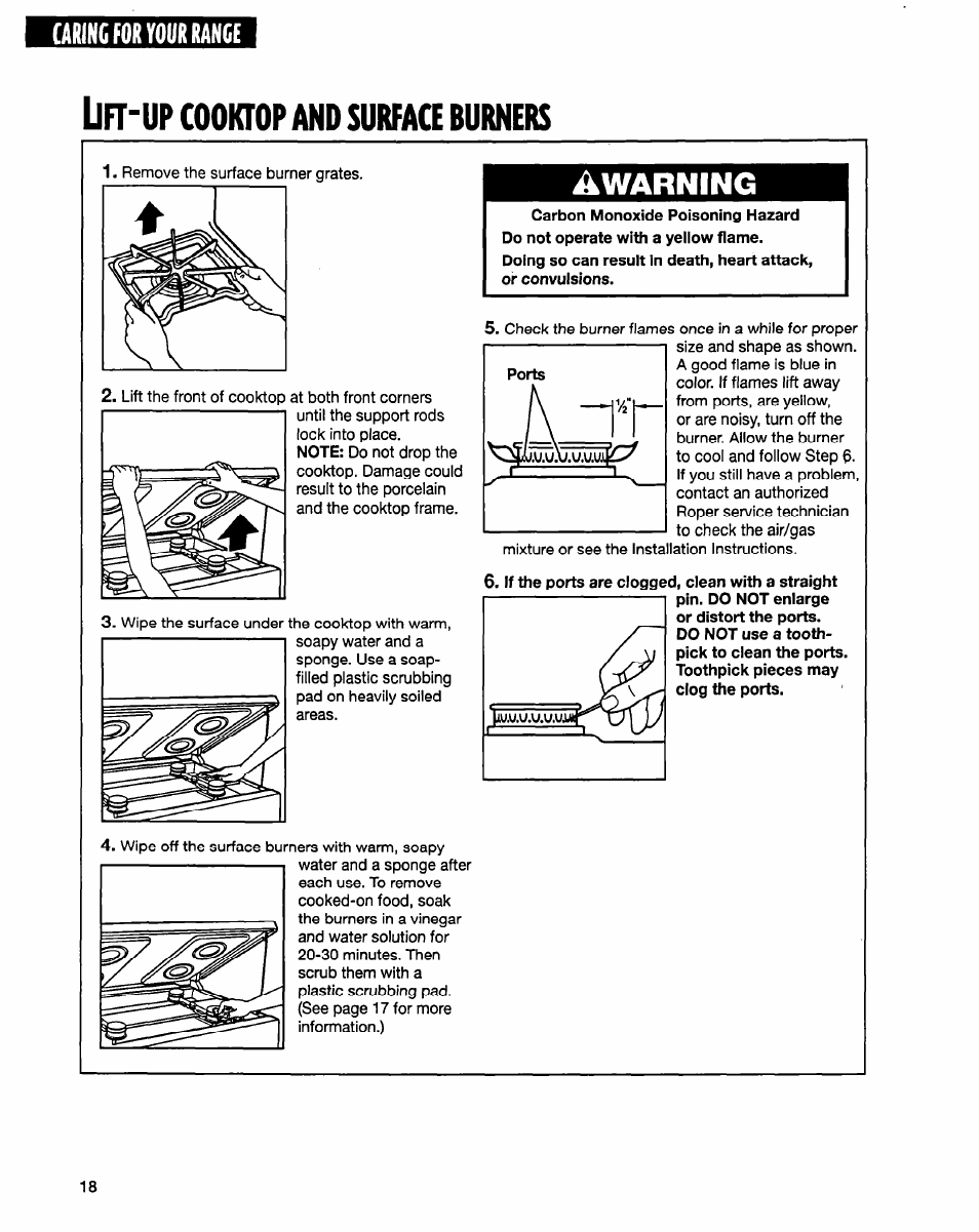 Lft-up cooktop and surfaq burners, If the ports are clogged, clean with a straight, Cooktop | Surfaq, Burners, Awarning | Whirlpool FGP315E User Manual | Page 18 / 26