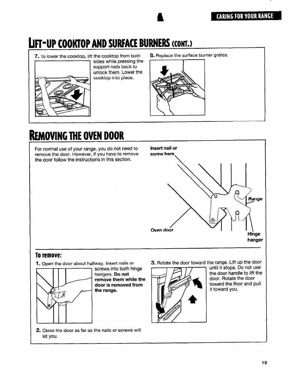 Uft-up cooktop and surfaq burners (cont.), Removing the oven door, The oven door | Uft-up, Surfaq, Emoving, Cooktop, Burners | Whirlpool FGP315E User Manual | Page 19 / 26