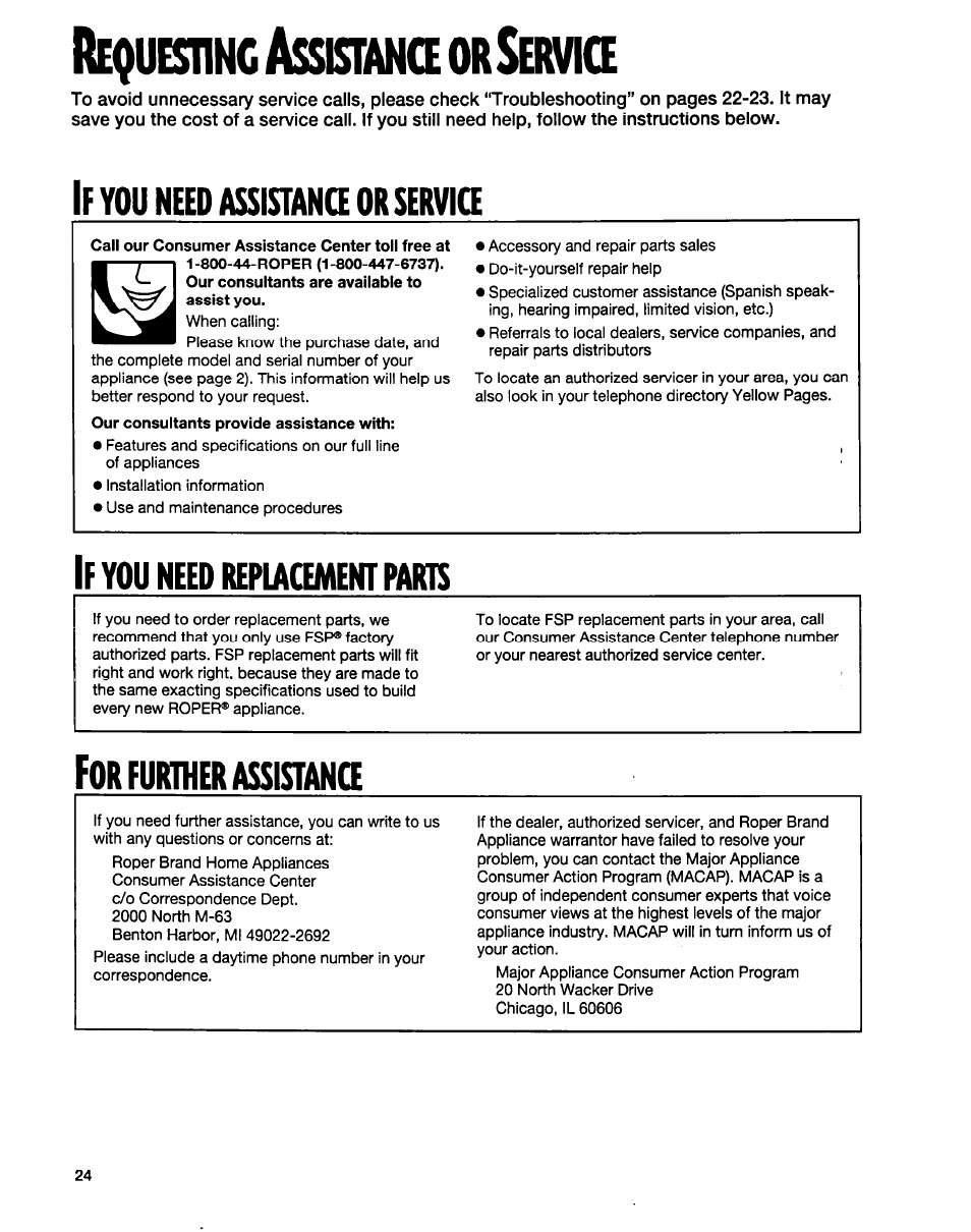 Requeshnc assbimke orsermke, If you need assistana or service, If you need repiacement paris | For further assistanq, Equeshnc, Ssbimke, Ermke, Assistana, Further assistanq, You need repiacement paris | Whirlpool FGP315E User Manual | Page 24 / 26