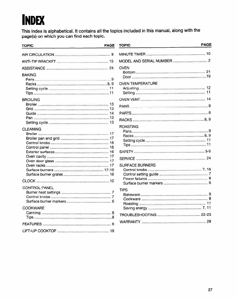 Topic, Index | Whirlpool FGP315E User Manual | Page 25 / 26