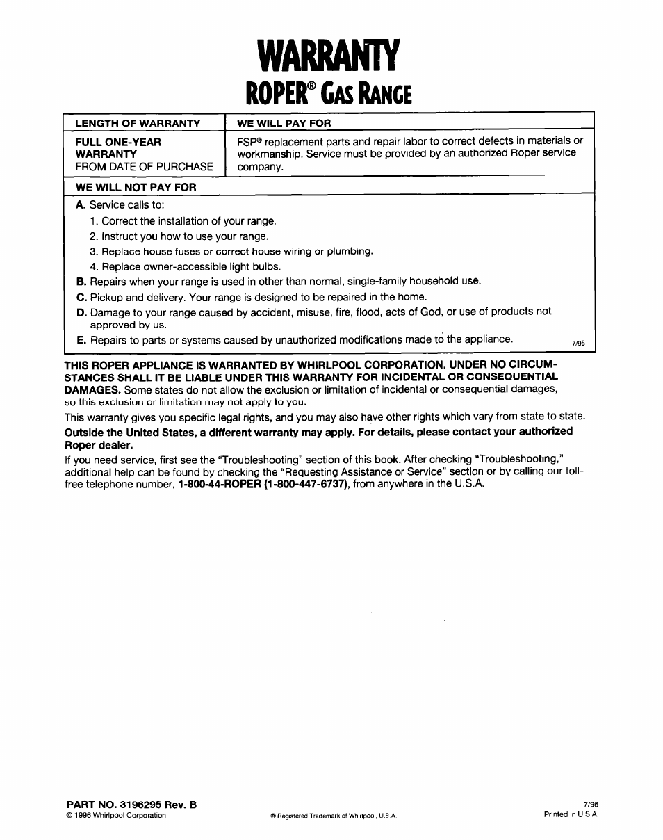 Warraniy, Length of warranty, We will pay for | Full one-year warranty, We will not pay for, Part no. 3196295 rev. b, Warranty, Roper, Casimmx | Whirlpool FGP315E User Manual | Page 26 / 26