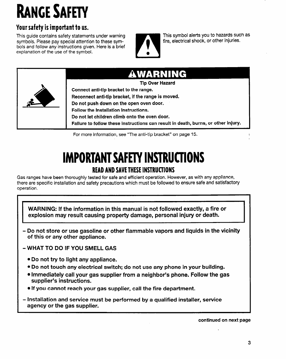 Range safety, Your safety is important to us, Read and save these instruaions | Ange, Afety, Impoktantsafeiy instructions, Awarning | Whirlpool FGP315E User Manual | Page 3 / 26