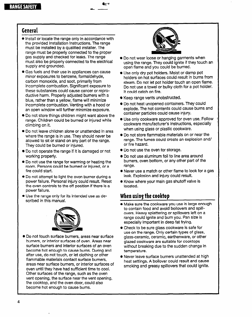 General, When usinythe cooktop | Whirlpool FGP315E User Manual | Page 4 / 26