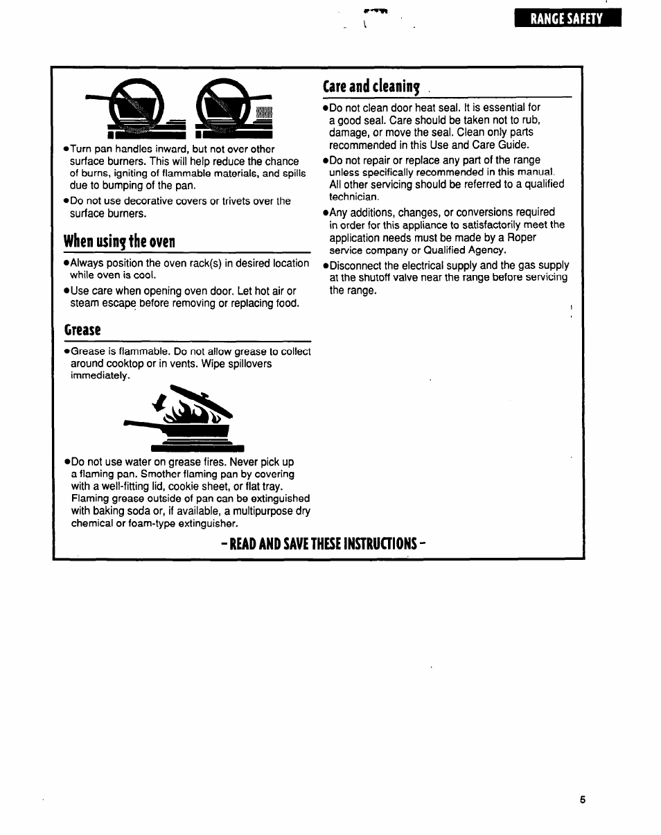 When iisin^the oven, Crease, Care and cleaning | Read and save these instruaions | Whirlpool FGP315E User Manual | Page 5 / 26
