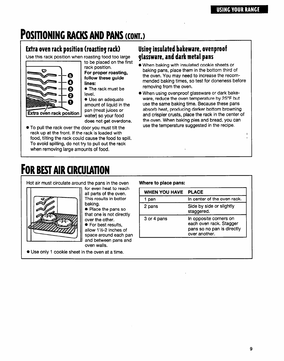 Positioning racks and pans, Extra oven rack position (roasting rack), For best air arculation | Racks and pans, Arculation, Best air, Ositioning, Cont.) | Whirlpool FGP315E User Manual | Page 9 / 26