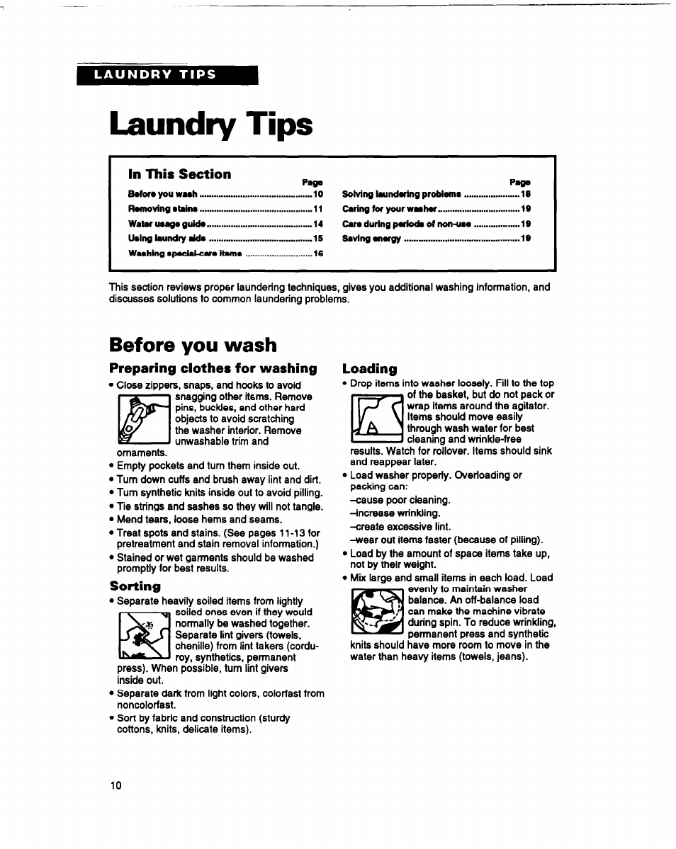 Laundry tips, Before you wash, Preparing clothes for washing | Sorting, Loading | Whirlpool RAM4132B User Manual | Page 10 / 22