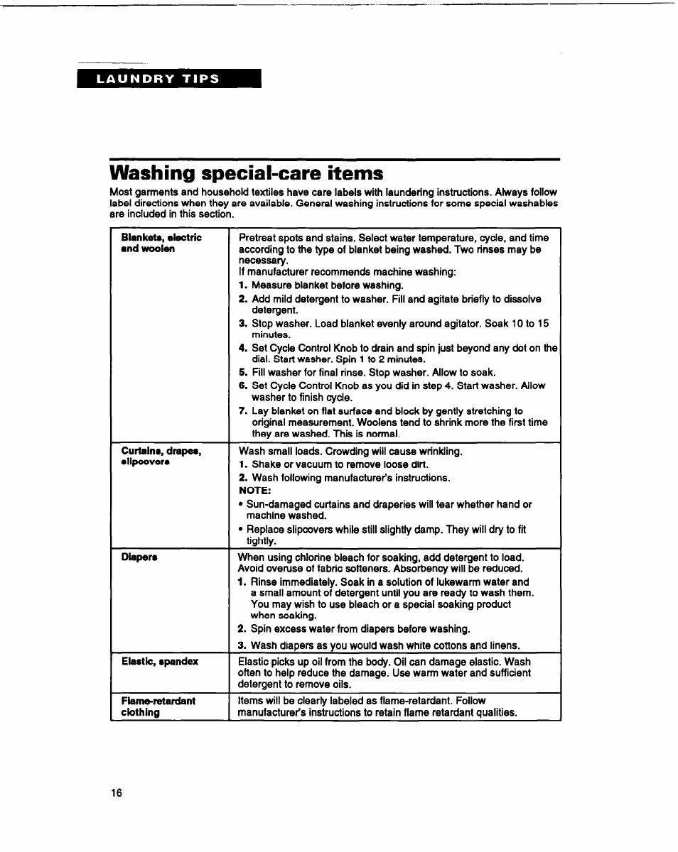 Washing special-care items | Whirlpool RAM4132B User Manual | Page 16 / 22