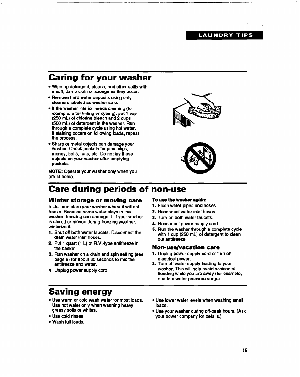 Caring for your washer, Care during periods of non-use, Winter storage or moving care | Non-use/vacation care, Saving energy | Whirlpool RAM4132B User Manual | Page 19 / 22