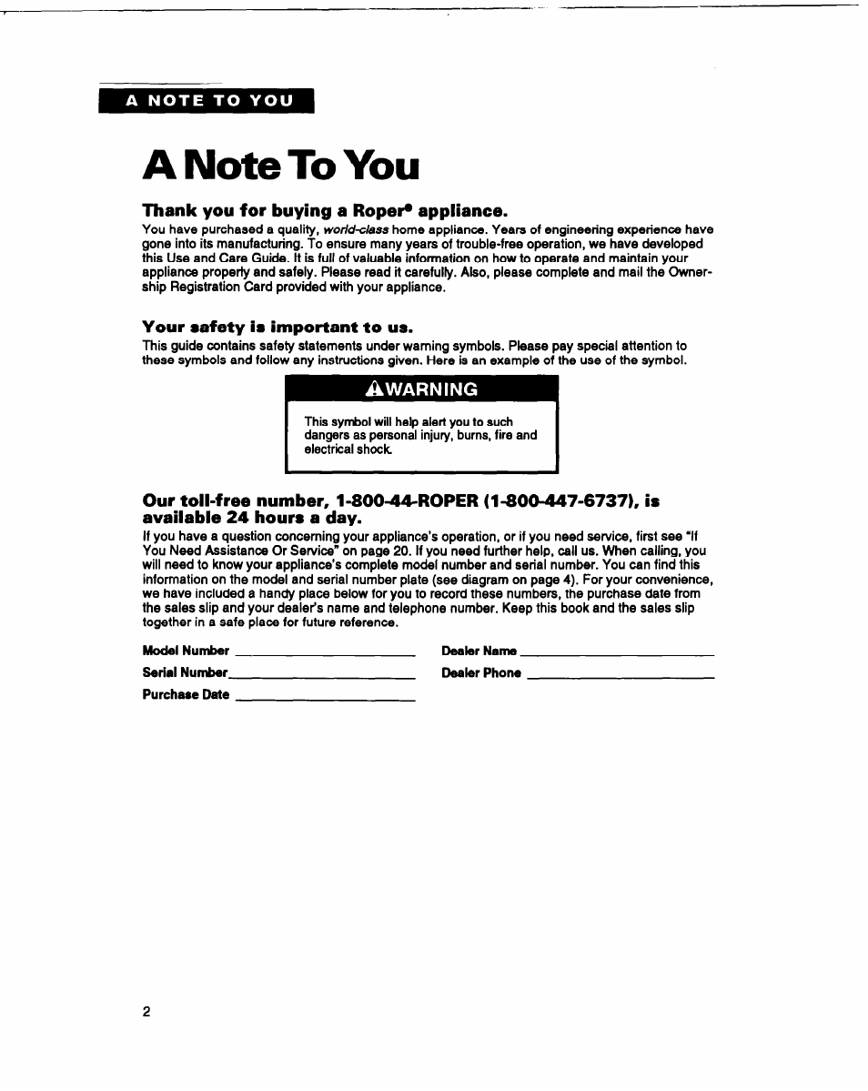 A note to you, Thank you for buying a roper* appliance, Your safety is important to us | Whirlpool RAM4132B User Manual | Page 2 / 22