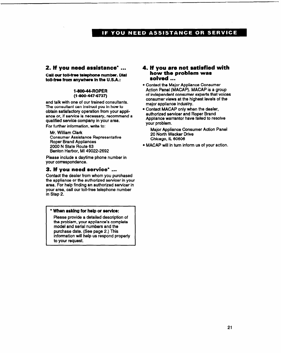 If you need assistance, If you need service | Whirlpool RAM4132B User Manual | Page 21 / 22