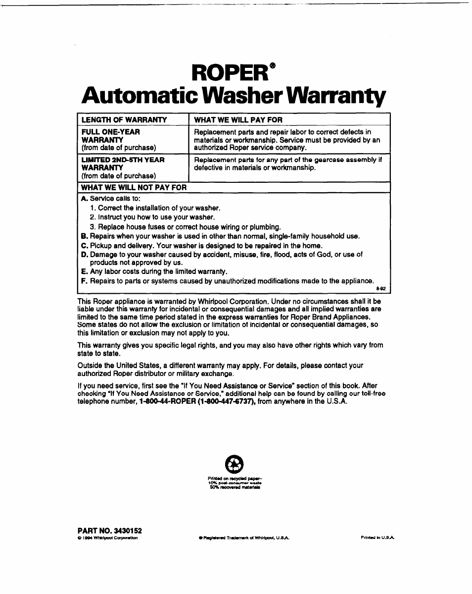 Roper, Automatic washer warranty, Roper' automatic washer warranty | Whirlpool RAM4132B User Manual | Page 22 / 22