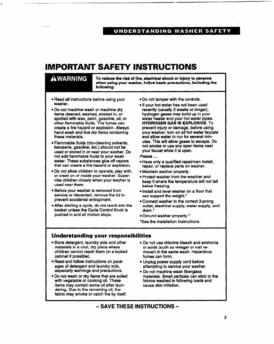Important safety instructions, Understanding your responsibilities, Save these instructions | Whirlpool RAM4132B User Manual | Page 3 / 22