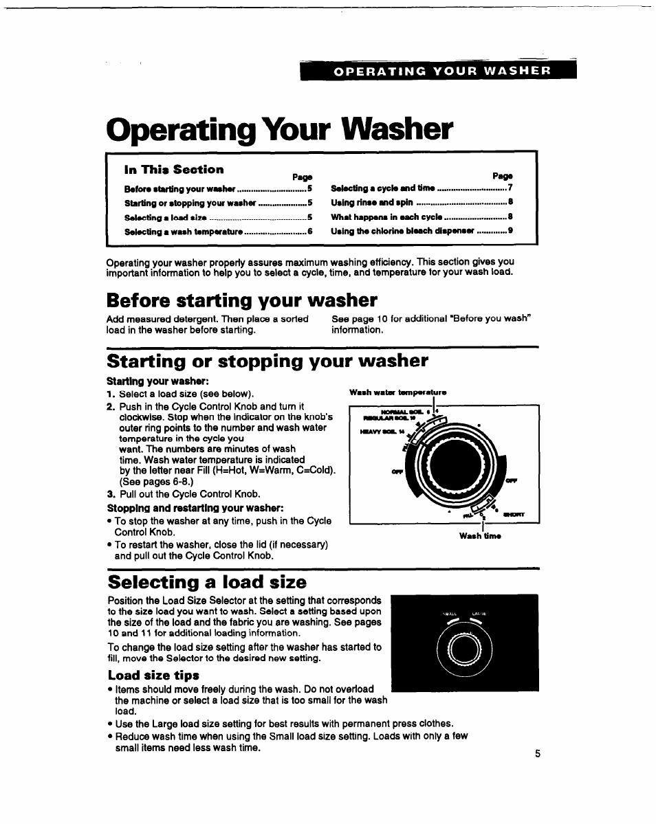 Operating your washer, Before starting your washer, Starting or stopping your washer | Selecting a load size, Load size tips | Whirlpool RAM4132B User Manual | Page 5 / 22
