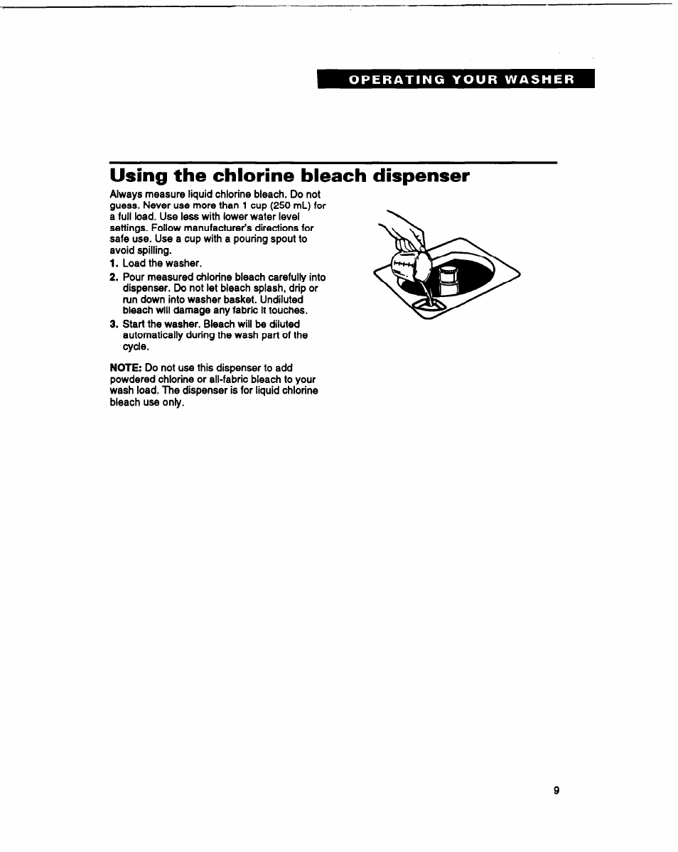 Using the chlorine bleach dispenser | Whirlpool RAM4132B User Manual | Page 9 / 22