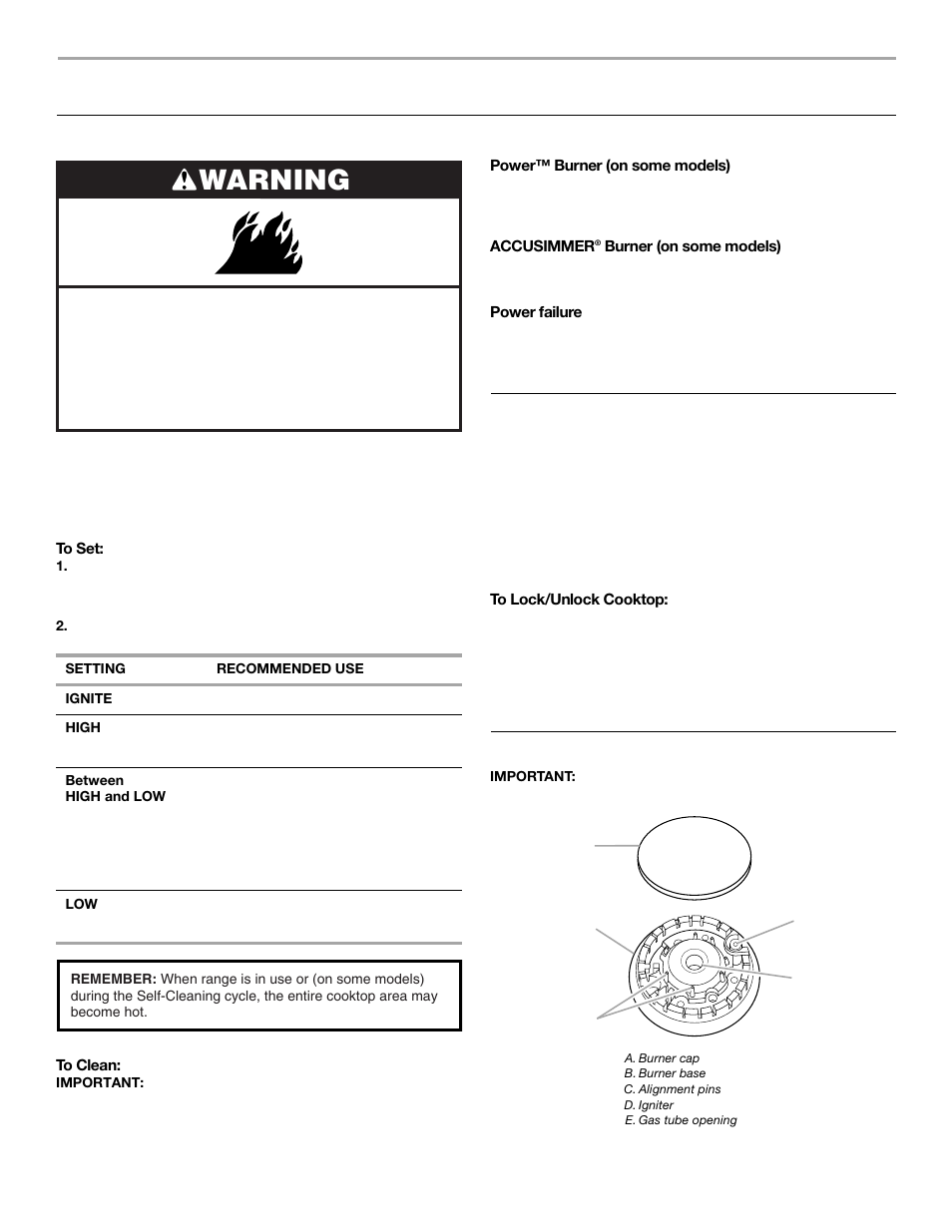 Cooktop use, Warning, Cooktop controls | Cooktop lockout, Sealed surface burners | Whirlpool 9763003 User Manual | Page 6 / 24