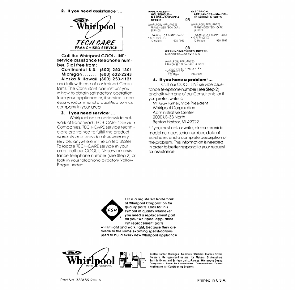 If you need assistance, If you need service, If you have a problem | If you need service or, Assistance, Whi-rîoii^ol, Whirlucol | Whirlpool Generation + LB5500XL User Manual | Page 12 / 12