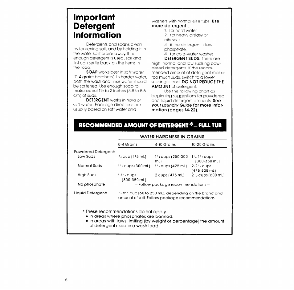 Important, Detergent, Information | Recommended amount of detergent full tub, Water hardness in grains, Important detergent information | Whirlpool Generation + LB5500XL User Manual | Page 6 / 12