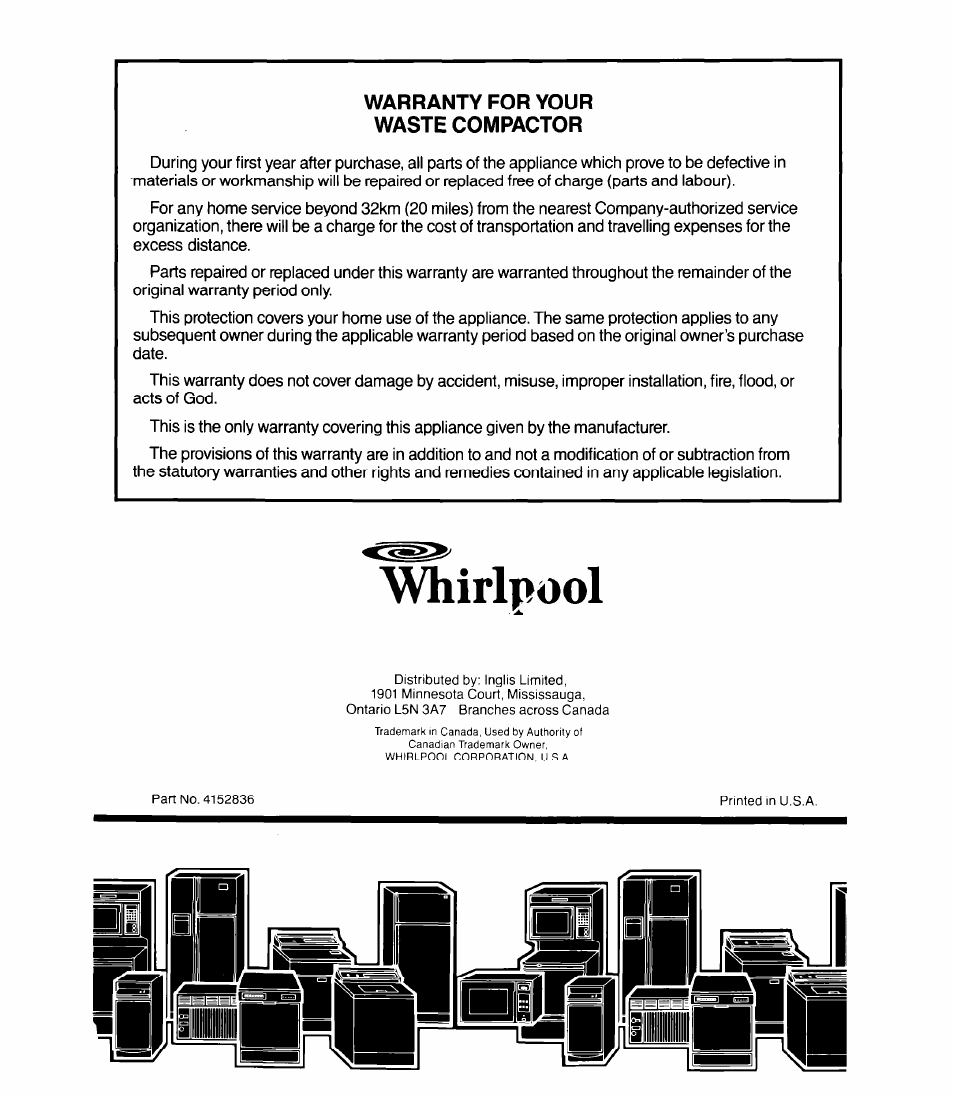 Warranty for your waste compactor, Whirlpool | Whirlpool TU 4100 User Manual | Page 12 / 12