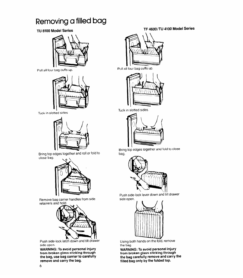 Tu 8100 model series, Removing a filled bag | Whirlpool TU 4100 User Manual | Page 6 / 12