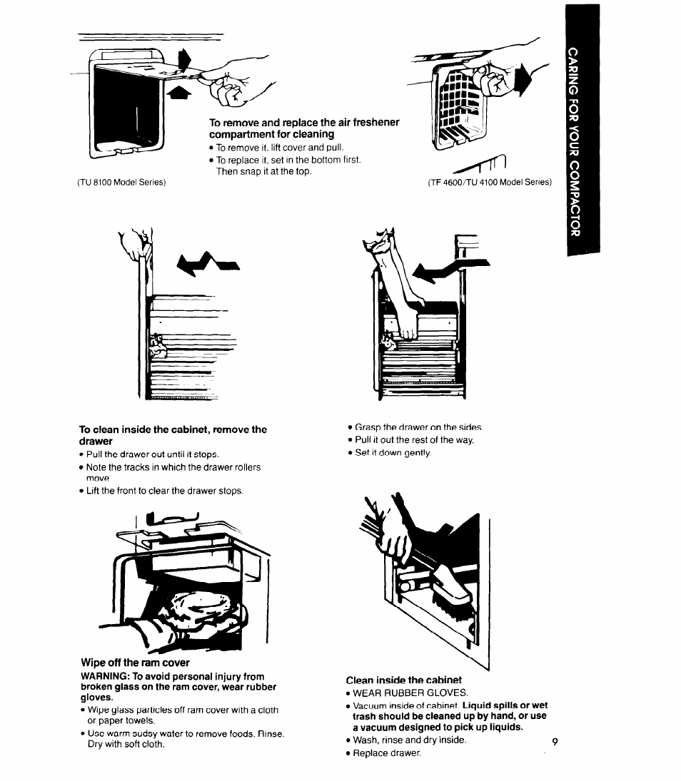 To clean inside the cabinet, remove the drawer, Wipe off the ram cover, Clean inside the cabinet | Whirlpool TU 4100 User Manual | Page 9 / 12