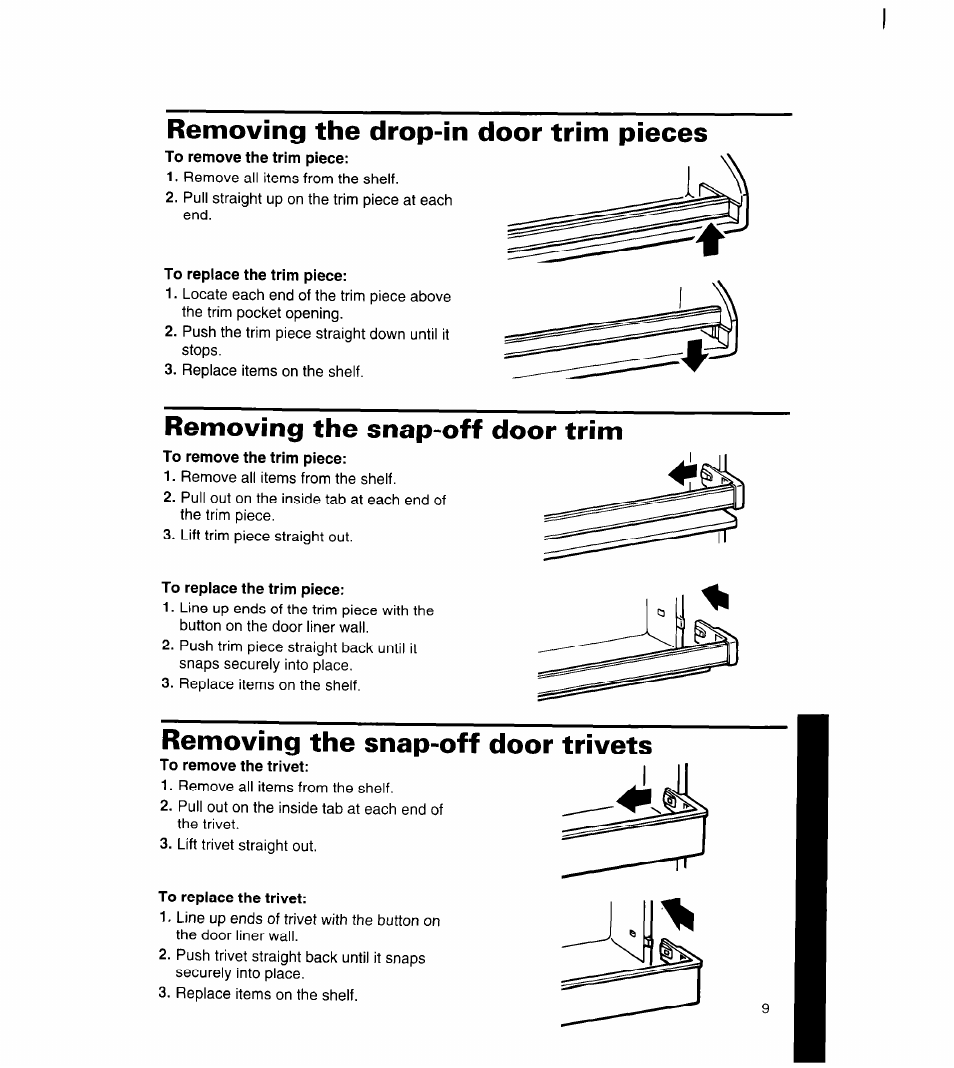 Removing the drop-in door trim pieces, To replace the trim piece, Removing the snap-off door trim | Removing the snap-off door trivets, To replace the trivet | Whirlpool 3ET16NK User Manual | Page 10 / 26