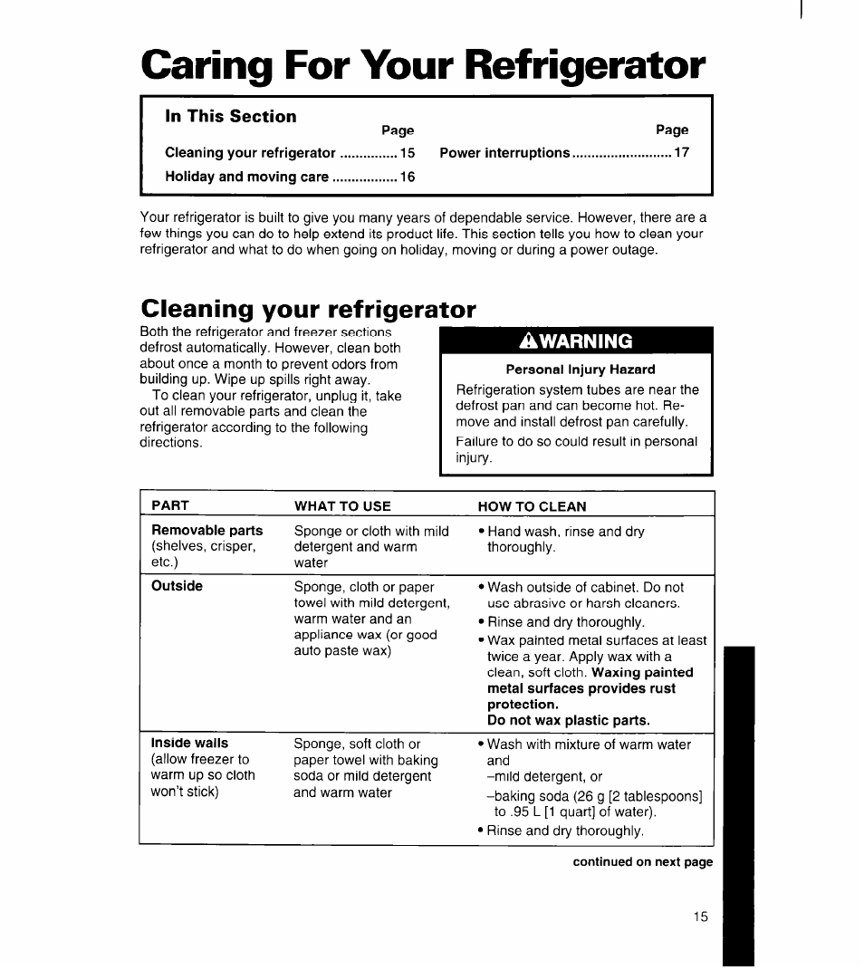 Caring for your refrigerator, Cleaning your refrigerator | Whirlpool 3ET16NK User Manual | Page 16 / 26