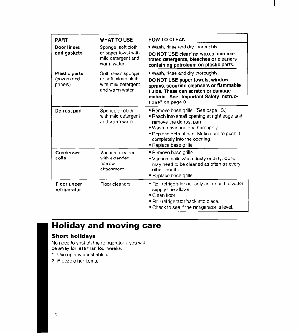 Holiday and moving care, Short holidays | Whirlpool 3ET16NK User Manual | Page 17 / 26