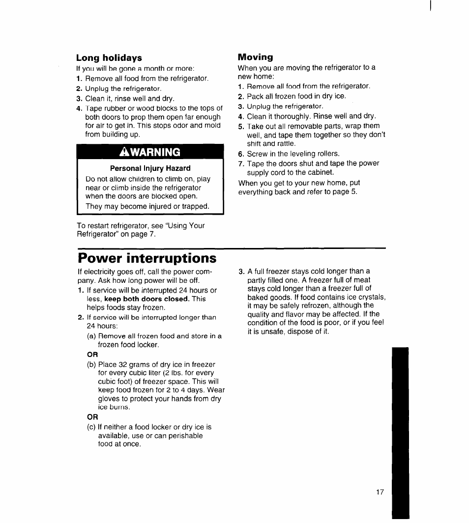 Long holidays, Moving, Power interruptions | Whirlpool 3ET16NK User Manual | Page 18 / 26