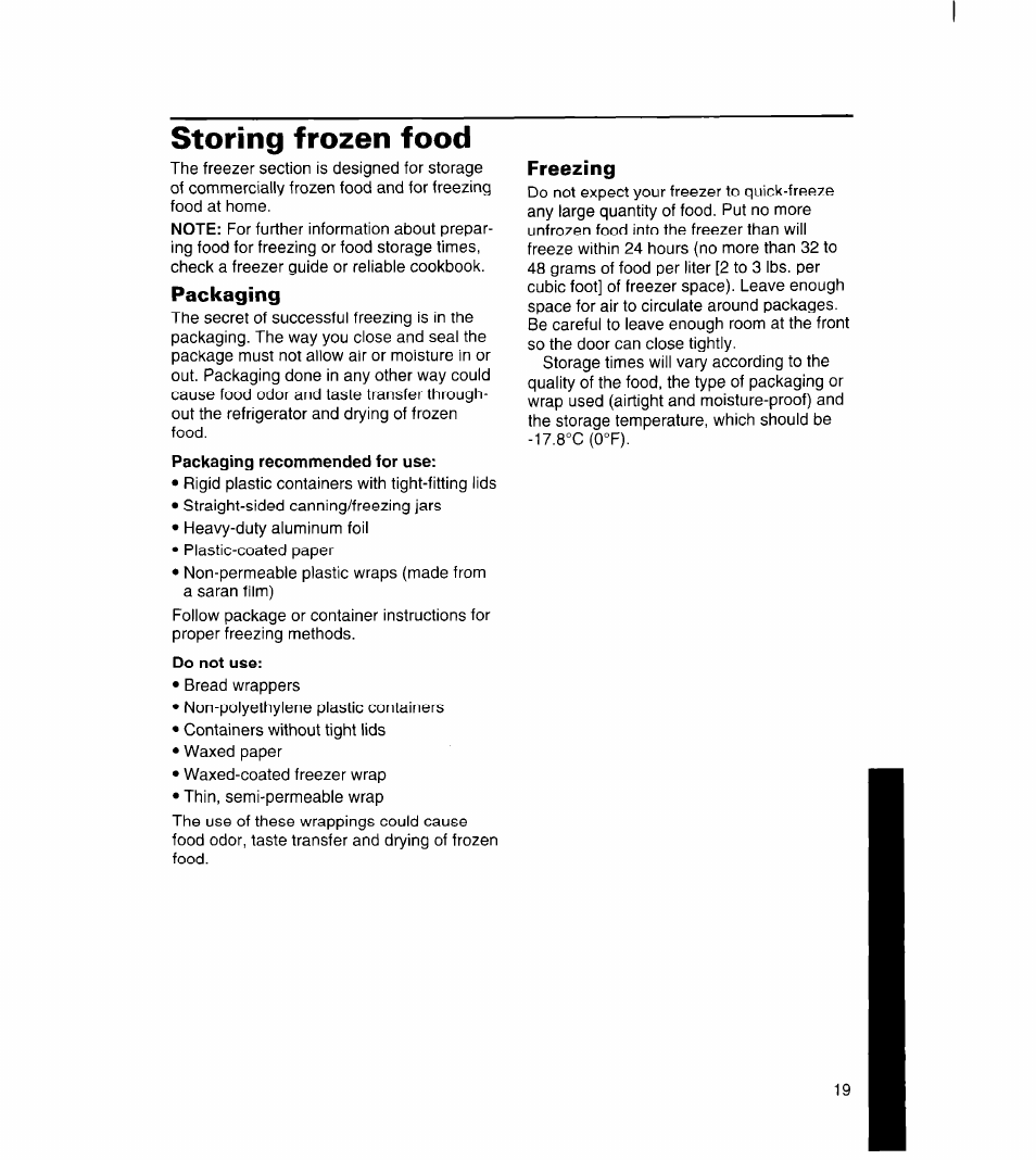 Storing frozen food, Packaging, Do not use | Freezing | Whirlpool 3ET16NK User Manual | Page 20 / 26