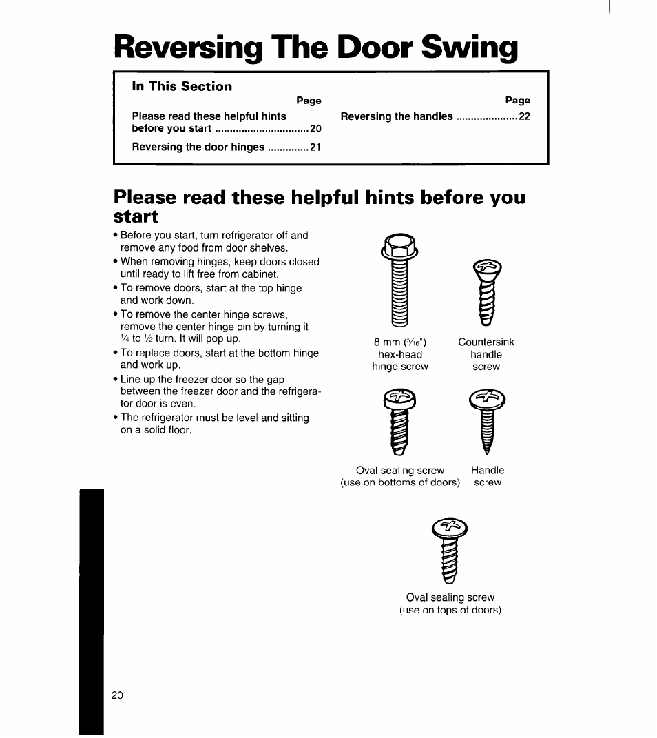 Reversing the door swing, Please read these helpful hints before you start | Whirlpool 3ET16NK User Manual | Page 21 / 26