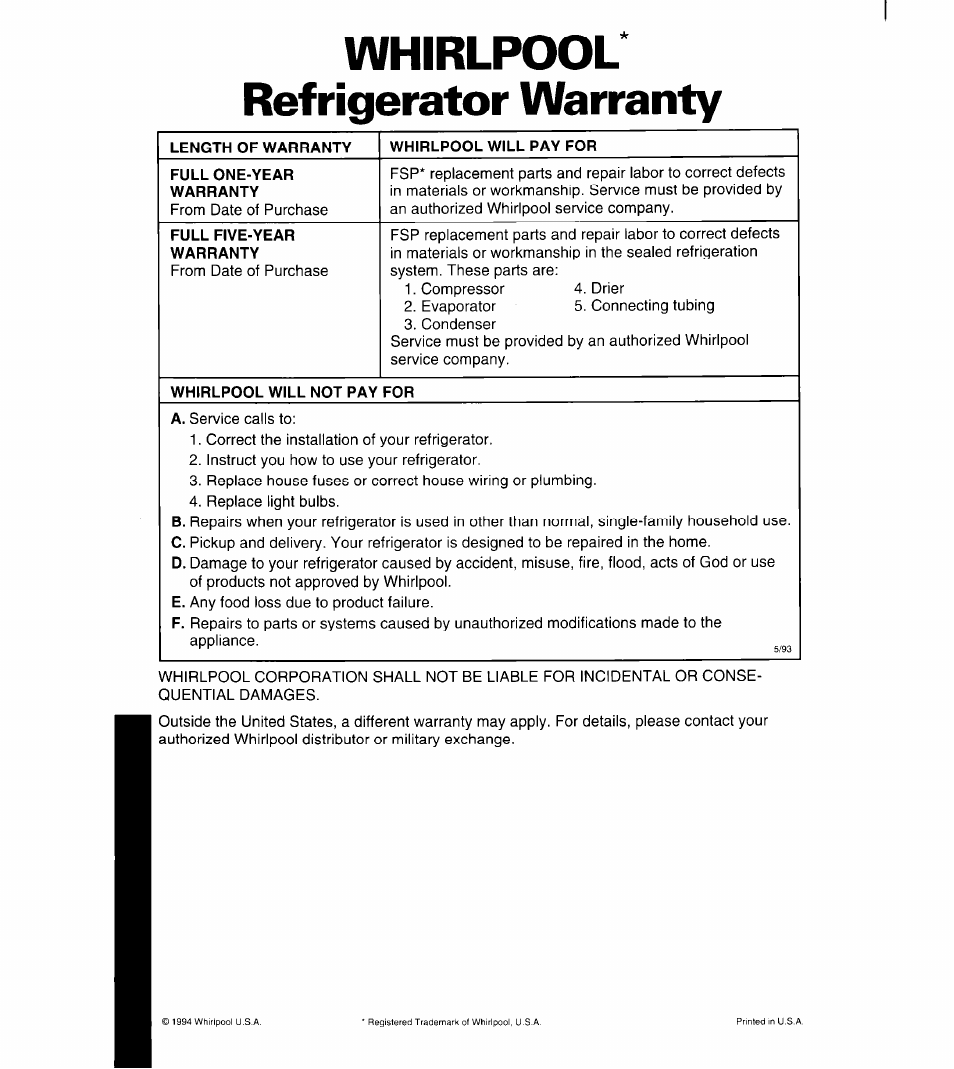 Whirlpool' refrigerator warranty, Length of warranty, Whirlpool will pay for | Full one-year warranty, Full five-year warranty, Whirlpool will not pay for | Whirlpool 3ET16NK User Manual | Page 25 / 26